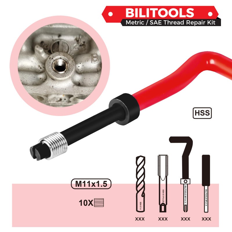 BILITOOLS M11x1.5 Helicoil Thread Repair Kit Metric, HSS Drill Heli Coil Repair Kit - Image 3